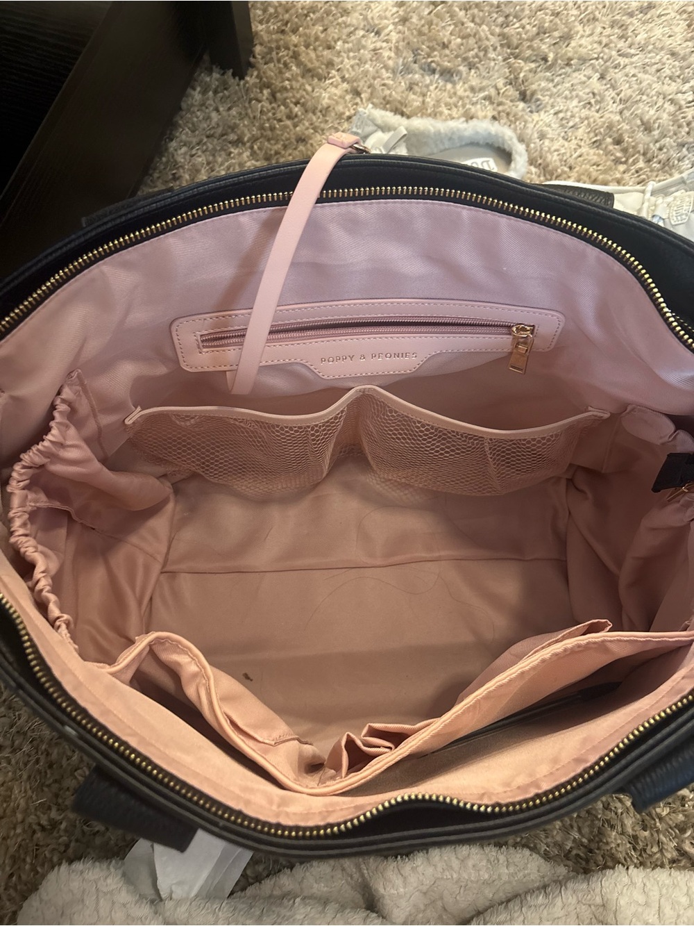 Poppy & Peonies Black Tote with Pink Interior